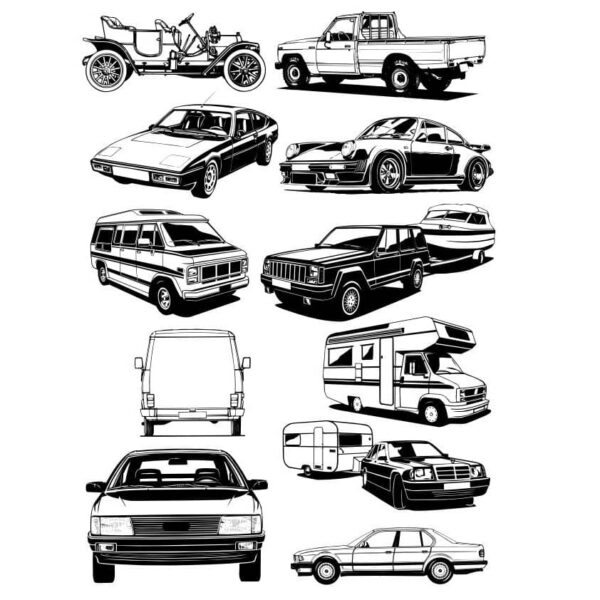 Набор чёрно-белых изображений автомобилей